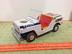 vintage Japan lithographed tin Police Jeep by Yone friction motor - Picture 1 of 6