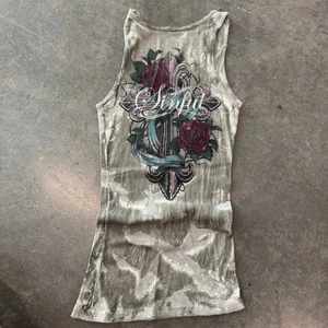 Vintage Y2K Sinful Affliction rosa Kreuz grau Batik gerippt Tank Medium - Bild 1 von 6