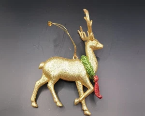 Christmas Ornament Gold Tone, Sparkle,  Reindeer With Wreath. D2190 - Picture 1 of 10