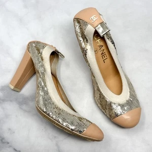 CHANEL CC Logo Sequin Leather Elastic Block Heel Pumps Glam Designer Retro Y2K - Picture 1 of 13