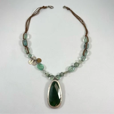SILPADA Collar de cuentas de piedra de vidrio verde aguamarina de plata esterlina cordón marrón N1824 Foto 1 de 4
