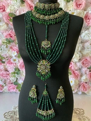 Conjunto múltiple collar nupcial tradicional indio paquistaní Mala en placa de oro verde  Foto 1 de 4