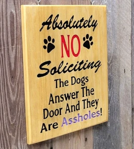 No Soliciting Funny Carved Wooden Dog Sign Front Porch Door Pet Decor - Picture 1 of 8