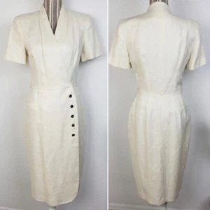 Vintage Kay Unger Dress 100% Linen Midi Wrap Pencil size 8 Short Sleeves Ivory - Picture 1 of 15