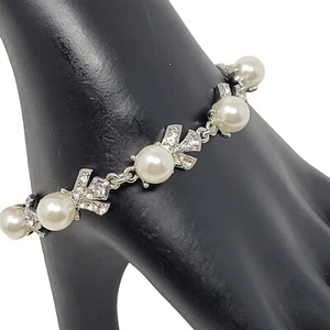 Charter Club Women's Bolo Slide Bracelet Silver Tone Faux Pearl Rhinestone - Picture 1 of 9