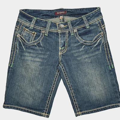 Pantalones Cortos De Colección Y2K Hot Kiss Denim Para Mujer Talla 3/26 Lavado Medio Tiro Solapa Bolsillo Foto 1 de 4