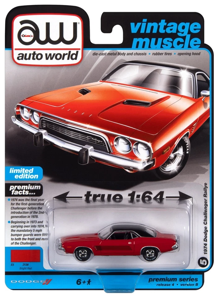 2022 AUTO WORLD 1:64 *PREMIUM 4B* BRIGHT RED 1974 Dodge Challenger Rallye NIP - Image 1 of 1