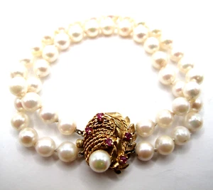 14K YELLOW GOLD & RUBY PEARL BRACELET - Picture 1 of 5