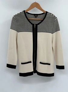 Talbots Sweater Cardigan Women Size Large Petite Black Off White Stripe Zip Up - Picture 1 of 12