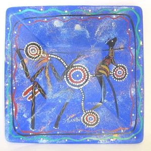 Tribal Warrior and Kangaroo Plate Artisan Signed J Turnbul Square Ceramic 10 in - Picture 1 of 10