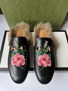 GUCCI 448562 Princetown Leder Slipper Schwarz mit Fell EU 36 US 6 NEU OVP - Bild 1 von 16