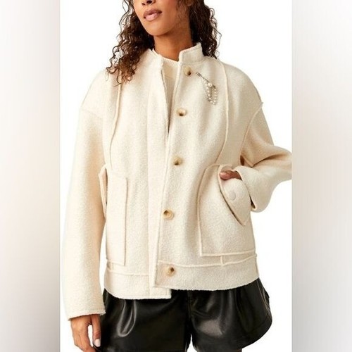 OFF WHITE Free People Giacca Bomber Salice Avorio Boucle Nuova con etichette Taglia Large