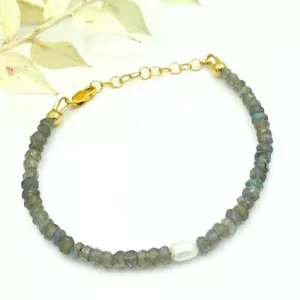 Perlen & Labradorit 2 facettierte runde Edelsteine Perlen Damen Armband 6-8 Zoll - Bild 1 von 8