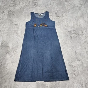 Bobbie Brooks Embroidered Fall Leaves Denim Maxi Dress Modest XL 16/18 Vtg 90s - Picture 1 of 11