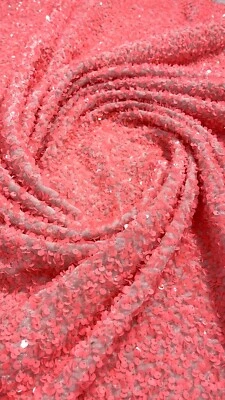 Bright Coral 5mm sequins on Pink Stretch velvet 2 way stretch,yard - Image 1 of 4