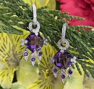 14kt White Gold Amethyst With Diamond Dangle Earrings - Picture 1 of 9