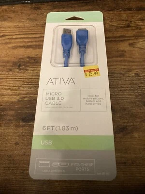 New ATIVA Micro USB 3.0 Cable 6FT USB A/ Micro B Item # 482-002 - Image 1 of 2