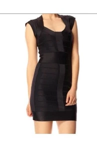 Vestito donna piccolo $168 French Connection fascia nero bodycon cappuccio manica - Foto 1 di 8