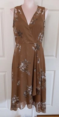 Calvin Klein Faux Wrap Tan Floral Print Dress 6 Flowy Chiffon Hi Lo Hem - Image 1 of 4
