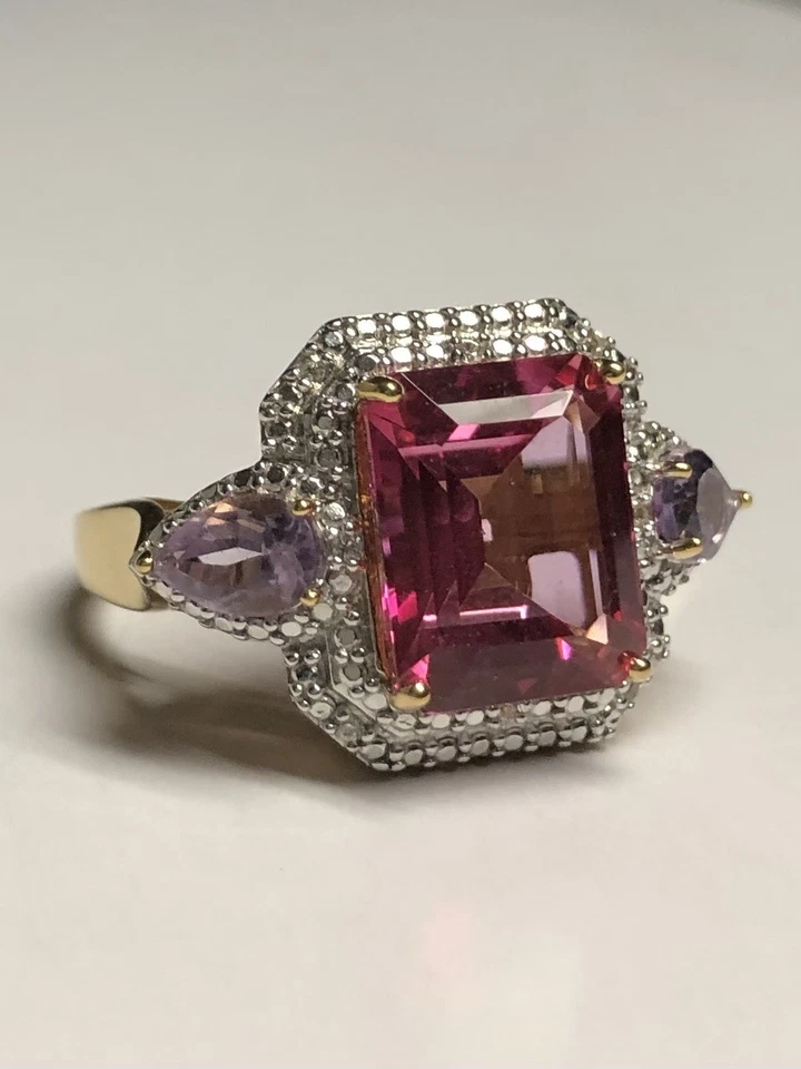 Кольцо с розовым топазом и белым цирзоном — позолота 925 пробы, размер 54 (США 7) - Изображение 1 из 4