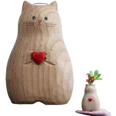 Jarrón de madera hecho a mano con forma de gato - Lindo animal adorno de escritorio soporte para flores Foto 1 de 4