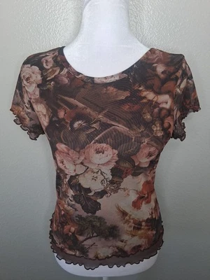 Blusa feminina de malha tatuagem Y2K floral anjos rosas grunge hippie rock tamanho M - Imagem 1 de 4