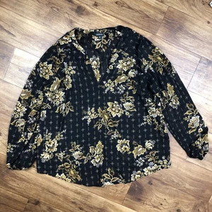 Torrid Women Sz 0 (L) Black Gold Floral Sheer Blouse Shirt *READ - Picture 1 of 8