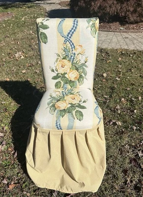 Vintage French Country   Chair Stool Vanity Desk Floral Fabric Ruffled Free Ship - Image 1 of 4