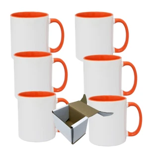 6-Pack 11oz Custom Sublimation Mugs - Orange Inner & Handle w/ Gift Boxes - Picture 1 of 2