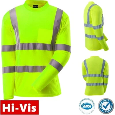 Hi Vis ANSI Class 3 Reflective Safety Lime Long Sleeve T Shirts High Visibility - Image 1 of 4