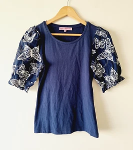 REVIEW x Bromley Blue Butterfly Puff Short Sleeve Top SIZE 6 tee blouse - Picture 1 of 5