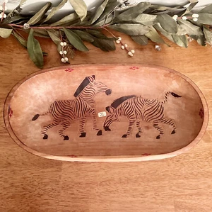 Kenyan Hand Carved Wooden Bowl Oval Hand Painted Zebra Print Serving Display 16” - Picture 1 of 11