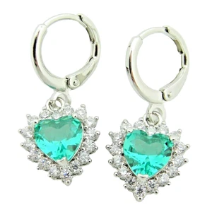 Crystal Heart Green Cyan Charm Dangle 18K White Gold Plated Sparkly Earrings - Picture 1 of 9