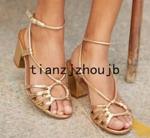 Damen Peeptoe Slingpumps Sandalen Schnalle Riemen Blockabsatz Römer Gewebte Schuhe - Bild 1 von 10