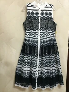 Katherine Kelly Women 12 Kody Dress Fit Flare Ivory Navy Midi Button Front $189 - Picture 1 of 10