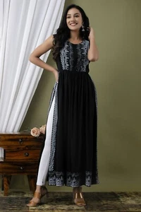 Conjuntos de vestido Kurti negro estampado con blanco Pent diseñador hecho a mano Kurti para mujer - Imagen 1 de 12