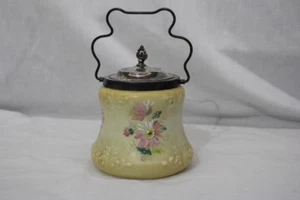 Victorian Hand Painted Enameled FLORAL Biscuit Jar w/Silverplate Rim & Lid - Picture 1 of 12