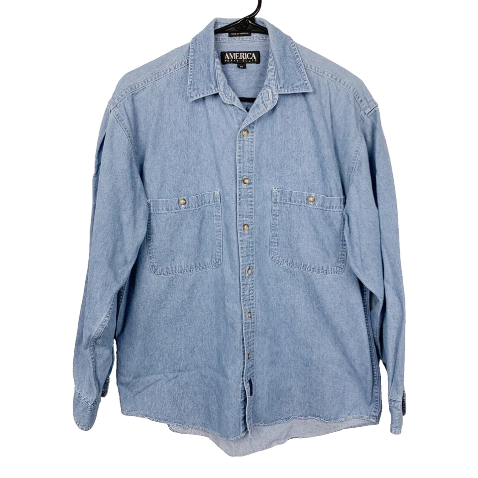 Vintage America Perry Ellis Denim Jean Solid Cotton Button Up Shirt Medium - Image 1 of 4