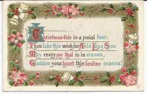 Weihnachtszeit Gedicht Blumen Glocken Gold Metallic Rand postiert 1911 Vintage Postkarte - Bild 1 von 2