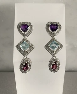 Multi Gemstone Dangle Earrings 3.35 CTW 1.25" 925 Sterling Silver Platinum Plate - Picture 1 of 12
