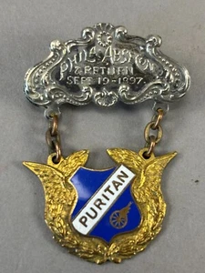 Antique Puritan 1897 Philadelphia High Wheel Bicycle Award Pinback Badge Rare - Picture 1 of 7