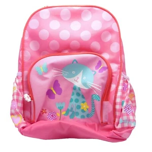 Rosa Rucksack mit blauer Katze und Schmetterlingen auf Gingham und Tupfen - Bild 1 von 8