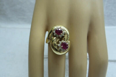 1950's Estate Solid 14kt Fine Double Cluster Ruby and Diamonds Cocktail Ring - Image 1 of 4