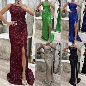 Womens Solid Sequin Strapless Party Dress with Long Split Wrinkles Design - Picture 1 of 32