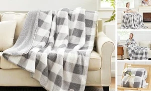  Luxus Sherpa Überwurf, Premium Wendeüberwurf (50" x 60") Buffalo kariert - grau - Bild 1 von 7