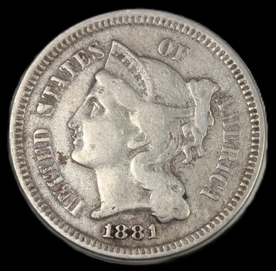 1881 3 cent nickel- CHOICE VF / FREE SHIPPING - SMH- 198 - Image 1 of 3