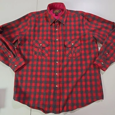 Vintage Eddie Bauer Wool Button Up Plaid Shirt Red PlaidCollared - Mens XL (U2) - Image 1 of 4