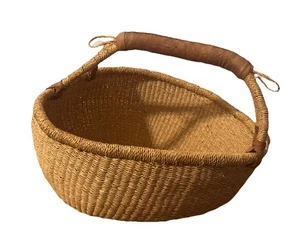 Hand Woven Bolga International Large Basket With Leather Handle 16 W X 6-10 H - Picture 1 of 11