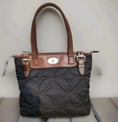 Fossil Black Quilted Shoulder Bag Purse Floral Key Per - Image 1 of 4