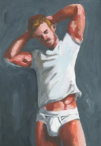Obra de arte original pintada a mano pintura al óleo sobre papel hombre gay desnudo masculino - Imagen 1 de 3
